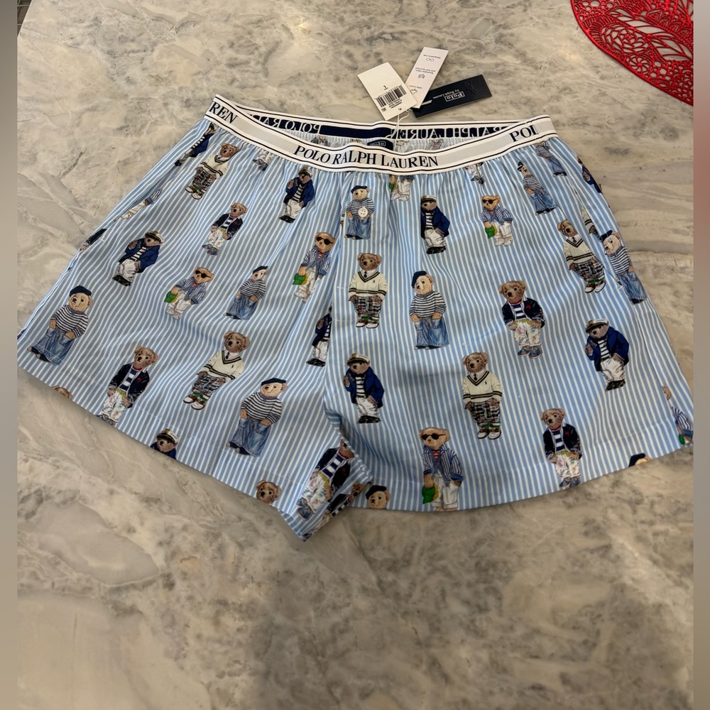 🧸NWT Polo Ralph Lauren Oxford Blue Striped Bear pj shorts size large